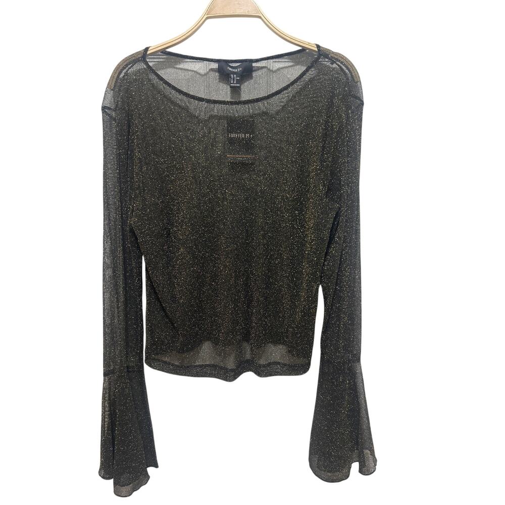 Forever 21+ Bell Sleeves Black Gold Glitter Whimsigoth Sheer Blouse Top 2X NWT